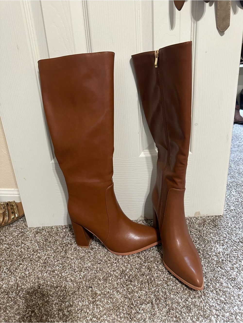 Amazon Women's Tall Pointed Toe Block Heel Boots in Chestnut Brown